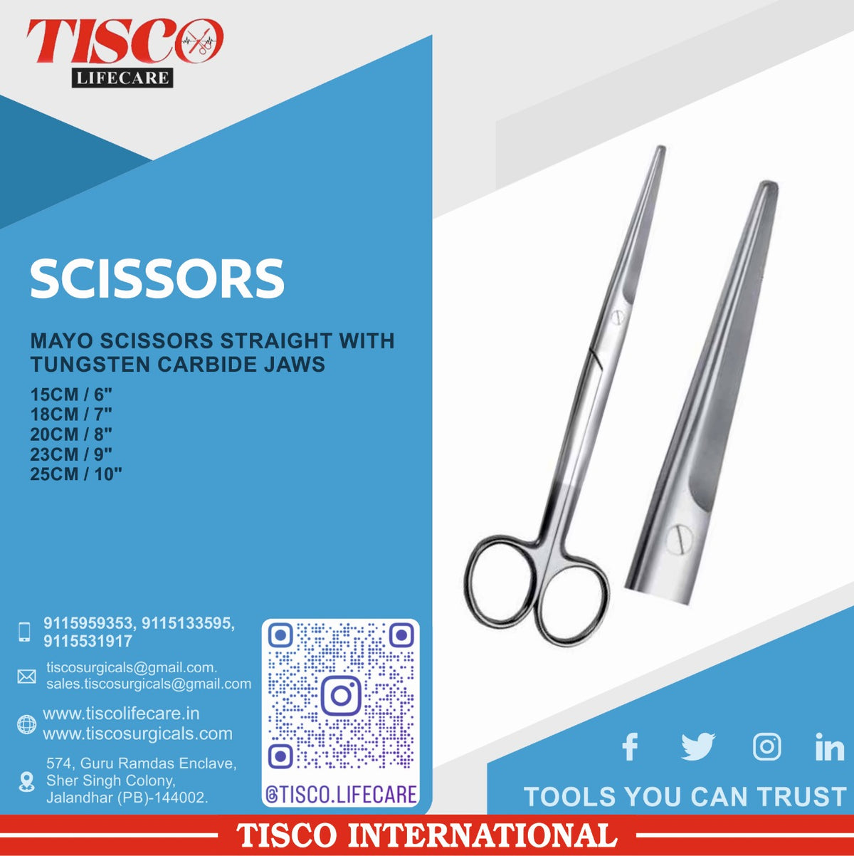 TISCO Lifecare Mayo Scissor Straight With Tungsten Carbide Jaws