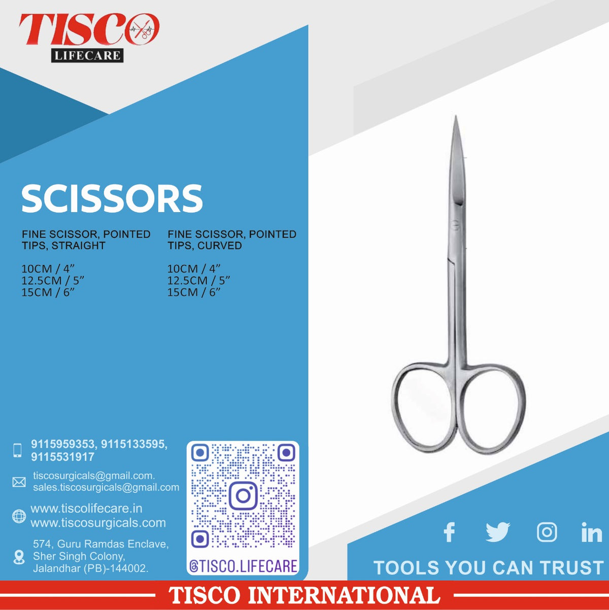 TISCO Lifecare Fine Iris Scissor, Pointed Tips, Curved