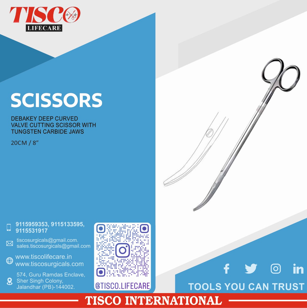 TISCO Lifecare Debakey Deep Valve Cutting Scissor With Tungsten Carbide Jaws