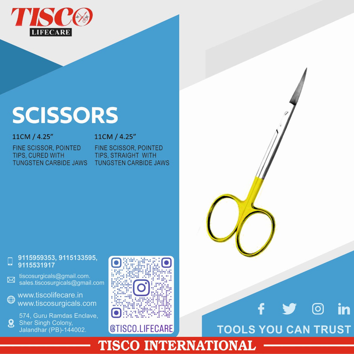 TISCO Lifecare Fine Scissor, Pointed Tips, Curved With Tungsten Carbide Jaws