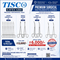 TISCO Lifecare  – 6pcs Artery Forceps Curved 6", 2 Needle Holders 6", 2 Mayo Scissors cvd 6", 2 Mosquito Forceps Curved 5"(TOTAL NO.  12 INSTRUMENTS )